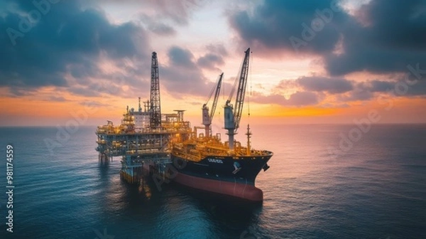 Fototapeta A ship delivering supplies to an oil rig, with cranes offloading cargo, representing the logistical challenges of supporting offshore oil drilling operations in remote areas.