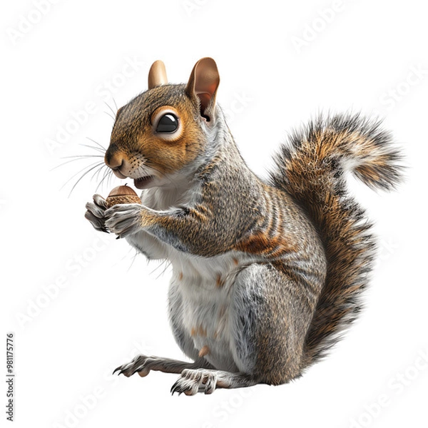Obraz A lively squirrel holding an acorn, showcasing its playful nature and vibrant fur in detailed realism.