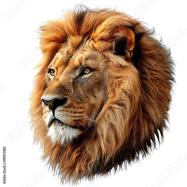Obraz A majestic lion head displaying its powerful mane and striking gaze, symbolizing strength and wildlife beauty.