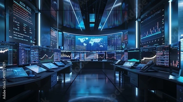 Obraz A futuristic financial trading room with multiple monitors displaying real-time stock market data and graphs, indicating a bullish trend