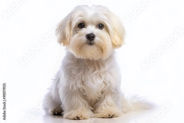 Fototapeta Adorable Maltese dog sitting upright on a soft white isolated pastel background, showcasing its fluffy coat and sweet expression, with plenty of copy space available.