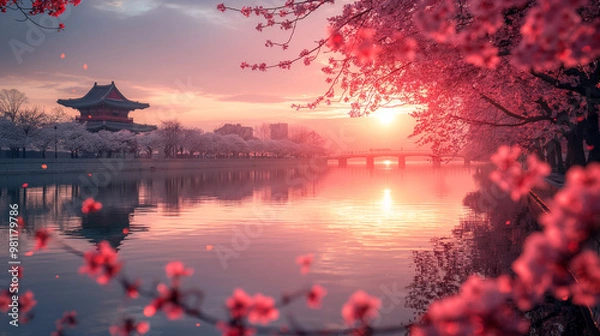 Fototapeta Cherry Blossom Serenity: A traditional pagoda reflects in the tranquil waters at sunrise, framed by a breathtaking canopy of blooming cherry blossoms in vibrant pink hues.  