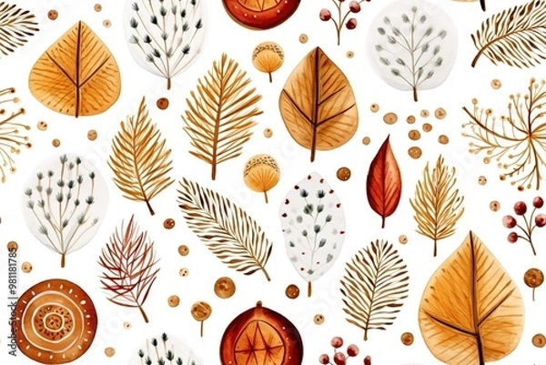 Fototapeta Christmas Seamless Pattern. Coniferous branches, cones, red artificial berries, thuja branches. Pattern for wrapping paper, greeting cards, invitations, fabric, prints.