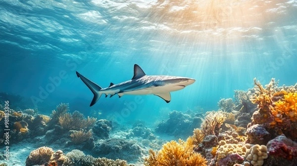 Fototapeta A reef shark swimming calmly above a coral-covered seabed, with sunlight creating dappled patterns on its skin.
