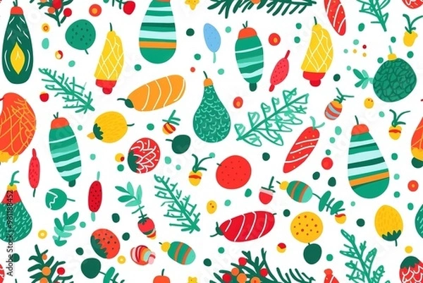 Fototapeta Christmas tree pattern, seamless background for wrapping paper, hand drawn spruces and snowflakes on red.