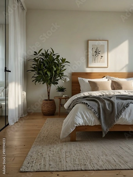 Fototapeta Bright minimalist bedroom with natural light and simple decor.