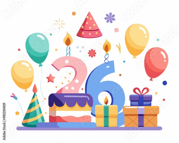 Fototapeta 26th Birthday Vector With Cake, Balloons And Confetti