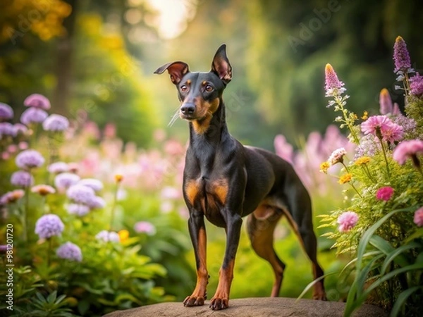 Fototapeta Adorable Manchester Terrier dog stands proudly in countryside surroundings with blurred greenery and flowers, offering ample copy space on either side of the canine.