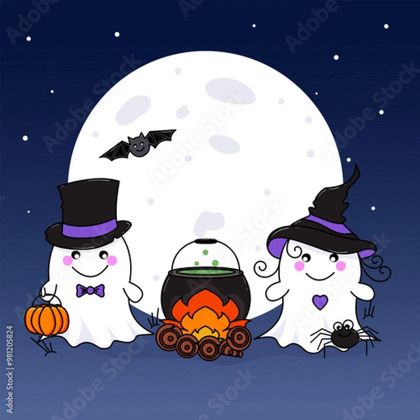 Obraz Two ghosts wearing bat and spider hats stand near a fire where a potion is cooking in a cauldron. Behind them is a large moon. Postcard, Halloween banner.  