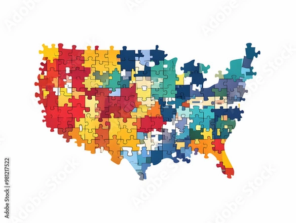 Fototapeta Flat Vector Illustration of Jigsaw Puzzle Map of Voting Districts with Redistricting Options - Isolated on White Background for Smart Business Use