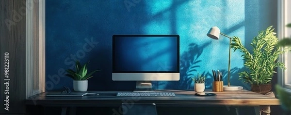 Fototapeta A modern workspace featuring a computer, plants, and a stylish lamp against a blue wall, perfect for creativity and productivity.