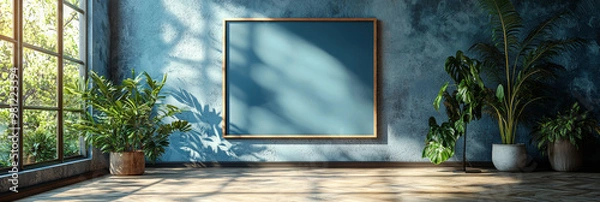 Fototapeta A large, empty frame hangs on a blue wall, flanked by potted plants.