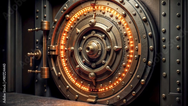 Obraz The heavy bank vault door features elaborate metalwork and glowing indicators, showcasing craftsmanship that conveys security and protection. Its aged design evokes a sense of history and trust.