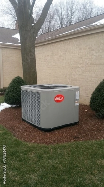 Fototapeta An outdoor air conditioning unit sits beside a cozy room on a snowy winter day in New Paltz, NY, surrounded by scattered leaves and green grass amidst a cloudy sky