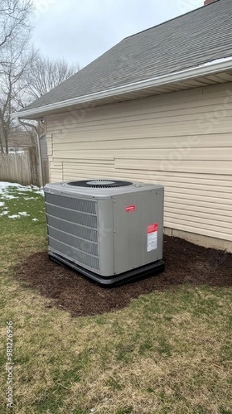Fototapeta An outdoor air conditioning unit sits beside a cozy room on a snowy winter day in New Paltz, NY, surrounded by scattered leaves and green grass amidst a cloudy sky