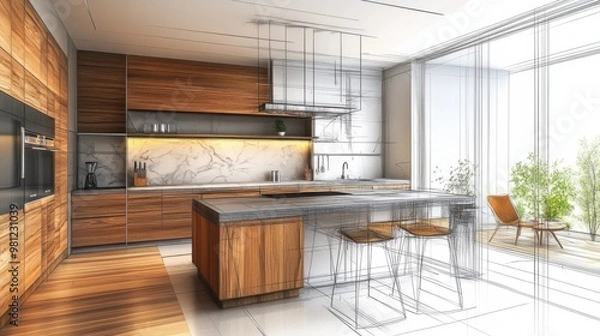 Fototapeta An abstract sketch design of an interior kitchen rendered in 3D