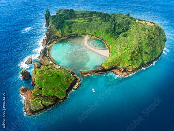 Fototapeta Aerial view of Ilheu de Vila Franca, a volcanic island near the Azores with a natural pool, ideal for swimming, snorkeling, and eco-tourism in a pristine coastal setting.