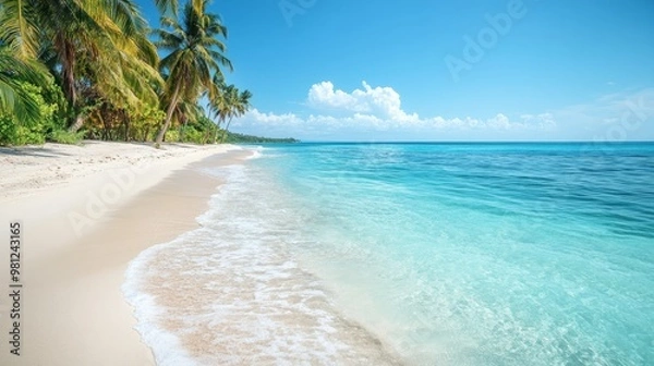 Fototapeta Palm Trees Line a Tropical Beach with Pristine White Sand and Turquoise Water