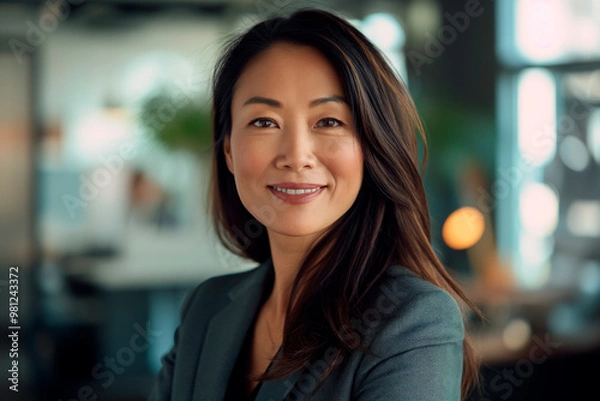 Obraz smiling confident asian woman in a suit in the office