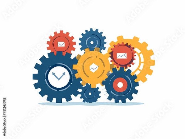 Fototapeta Flat Vector Illustration of Interlocking Gears Featuring Political Party Symbols in Motion, Representing the Political Process with Space for Party Labels