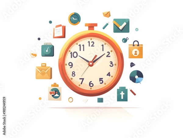 Fototapeta Flat Gravity-Defying Election Countdown Clock: Close-Up of Election Icons Floating, Rotating Against White Backdrop, Emphasizing Urgency of Electoral Participation | Simple Vector Illustration