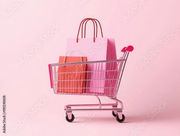 Obraz A stylish pink shopping cart filled with vibrant gift bags, set against a soft pink background, creating a cheerful, festive shopping atmosphere.