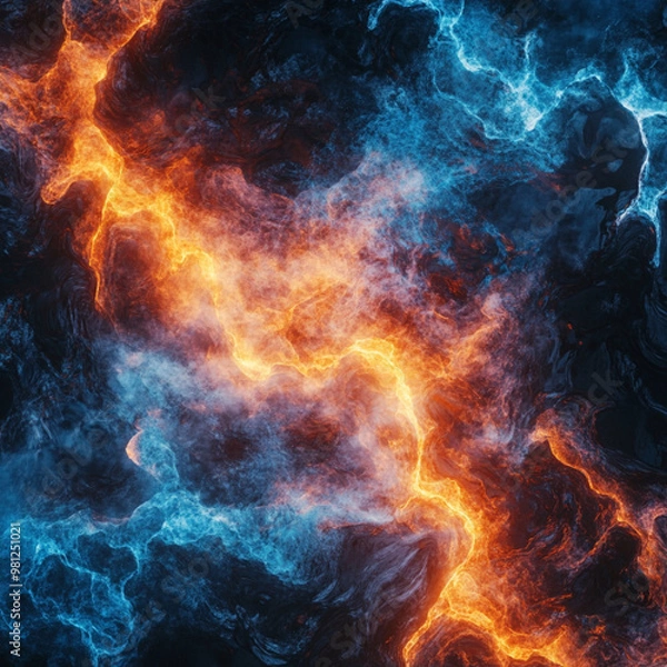 Fototapeta fondo con un degradado de fuego interrumpido por un efecto helado con vetas azules eléctricas.