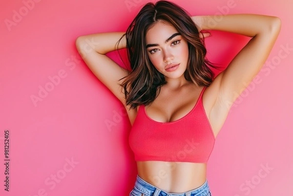 Fototapeta Portrait of a young woman in red top and jeans facing the camera with serious expression in front of a pink studio background. Confidence, student lifestyle, concept of human emotions, youth.