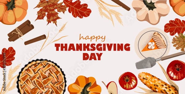 Fototapeta Thanksgiving day background. Holyday dishes, apple, pie, pumpkins and decorative elements. Autumn vector banner template design