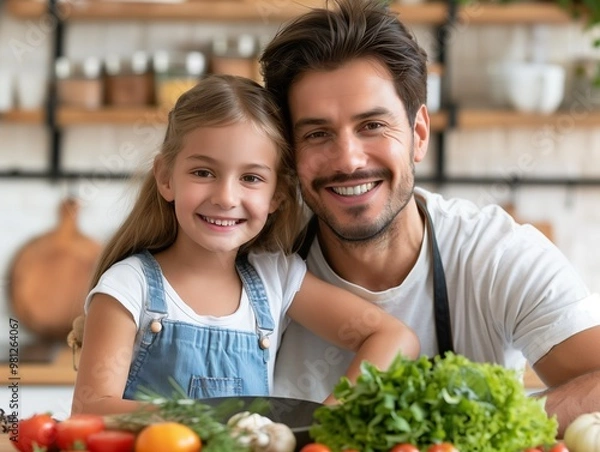 Fototapeta Smiling father and daughter in kitchen preparing healthy meal. Man in apron, girl in overalls. Fresh vegetables on counter. Warm, bright atmosphere