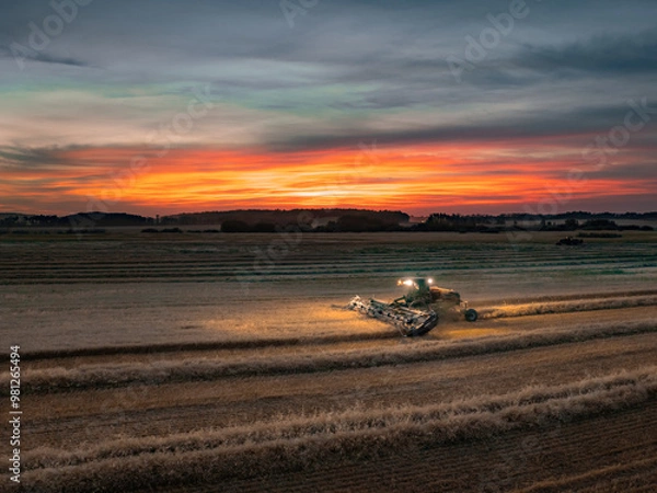 Fototapeta Drone Image of Harvest Swather Combine