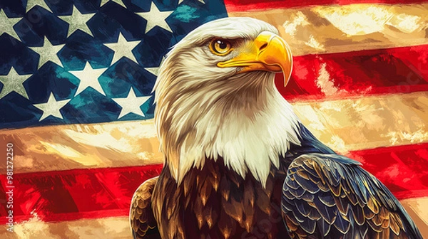 Fototapeta An eagle is standing in front of the American flag