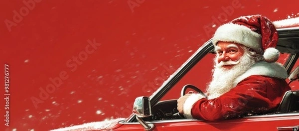Fototapeta Santa rides in a snowy red car, joyful and festive.