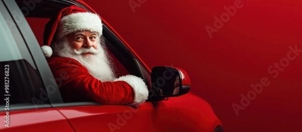 Obraz Santa in a modern red car against a red background.