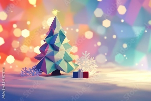 Fototapeta Geometric Christmas Tree with Gift and Snowflakes in a Snowy Landscape