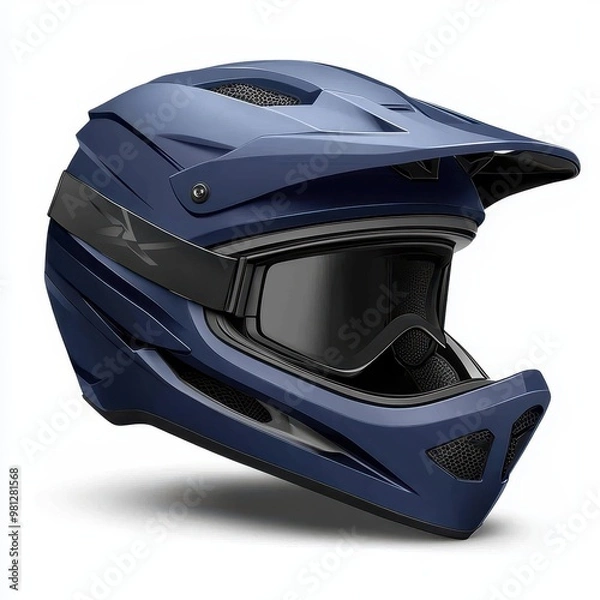 Fototapeta Stylish blue motorcycle helmet with visor, designed for safety and adventure on rugged terrains and road racing, white background