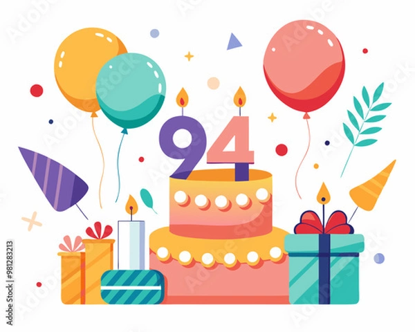 Fototapeta 94 Birthday Vector With Cake, Balloons And Confetti