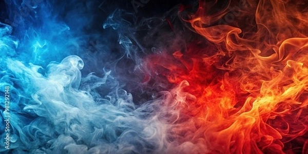 Fototapeta Colorful abstract background with contrasting cold blue and hot red smoke textures, resembling ice and fire elements, Colorful, Abstract
