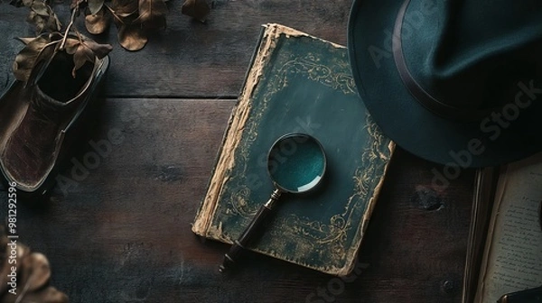 Fototapeta Elegant Detective-Themed Flat Lay with Old Book, Magnifying Glass, and Hat AI generated illustration