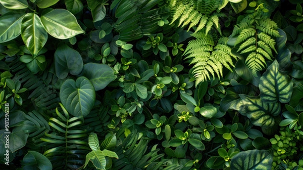 Fototapeta Lush green foliage creates vibrant and serene atmosphere, showcasing variety of plants and leaves. This rich tapestry of greenery evokes sense of tranquility and connection to nature