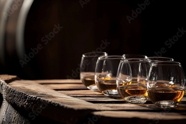 Fototapeta whiskey tasting cups on a wooden serving, with a whisky barrel in the dark background