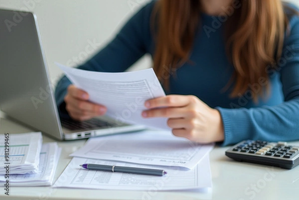 Fototapeta A young professional reviewing documents while working on a laptop, with a calculator and pencil on the desk. The setting suggests a modern office or home workspace, focusing on concentration and prod