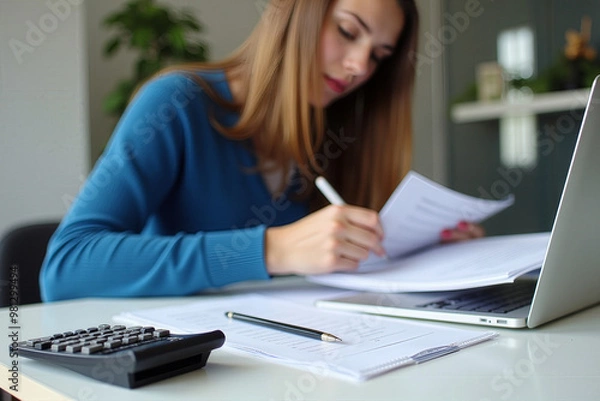 Fototapeta A young professional reviewing documents while working on a laptop, with a calculator and pencil on the desk. The setting suggests a modern office or home workspace, focusing on concentration and prod