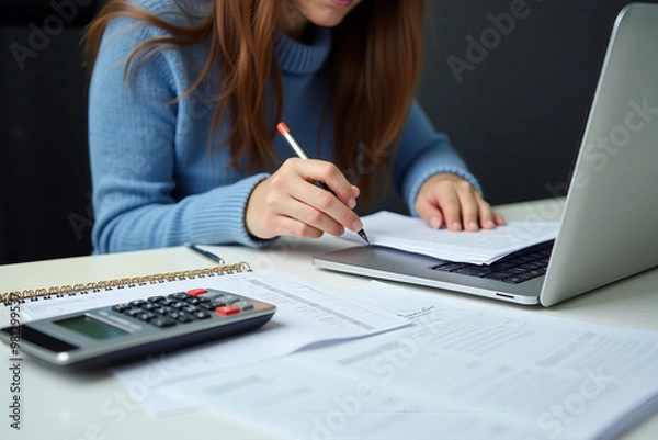 Fototapeta A young professional reviewing documents while working on a laptop, with a calculator and pencil on the desk. The setting suggests a modern office or home workspace, focusing on concentration and prod