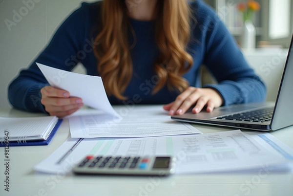 Fototapeta A young professional reviewing documents while working on a laptop, with a calculator and pencil on the desk. The setting suggests a modern office or home workspace, focusing on concentration and prod
