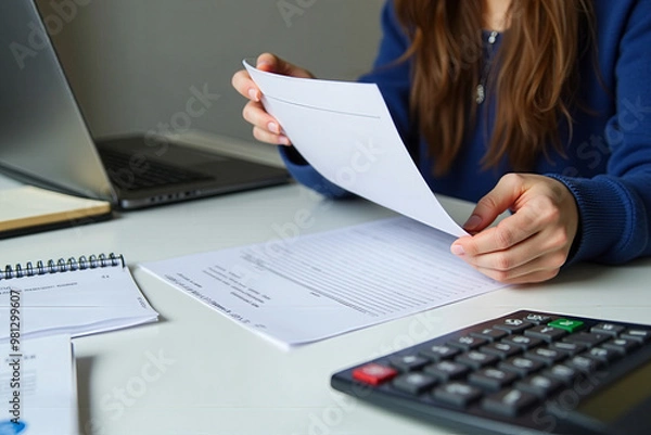 Fototapeta A young professional reviewing documents while working on a laptop, with a calculator and pencil on the desk. The setting suggests a modern office or home workspace, focusing on concentration and prod