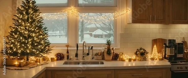 Obraz Cozy new year decor in kitchen or dinning room. Plenty of lights. AI generated