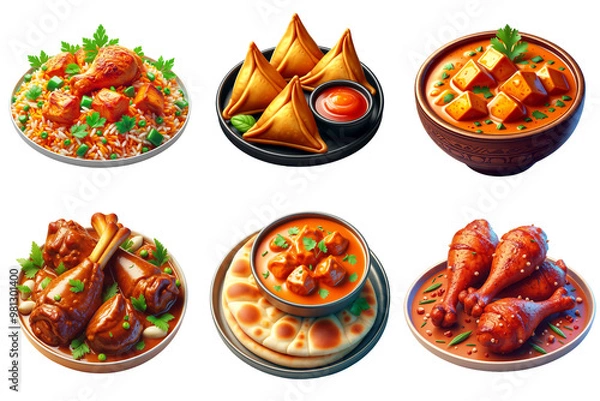 Fototapeta 3d Indian Food Set Menu. 
Biryani, Butter Chicken with Naan Bread, Paneer Butter Masala Curry, 
Mutton curry, Lamb curry, Samosas, Tandoori Chicken,  
3D Realistic Food Icon. Indian Food Set Menu.