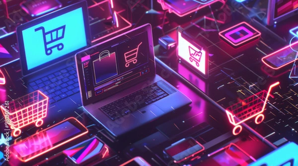 Fototapeta Neon Shopping Carts Displayed on Laptops for Online Sales