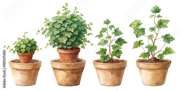Fototapeta Set of Four Small Separate Hedera Helix (English Ivy) Plants in Pots Isolated on Transparent Background, Ideal for Indoor Gardening and Climbing Plant Projects